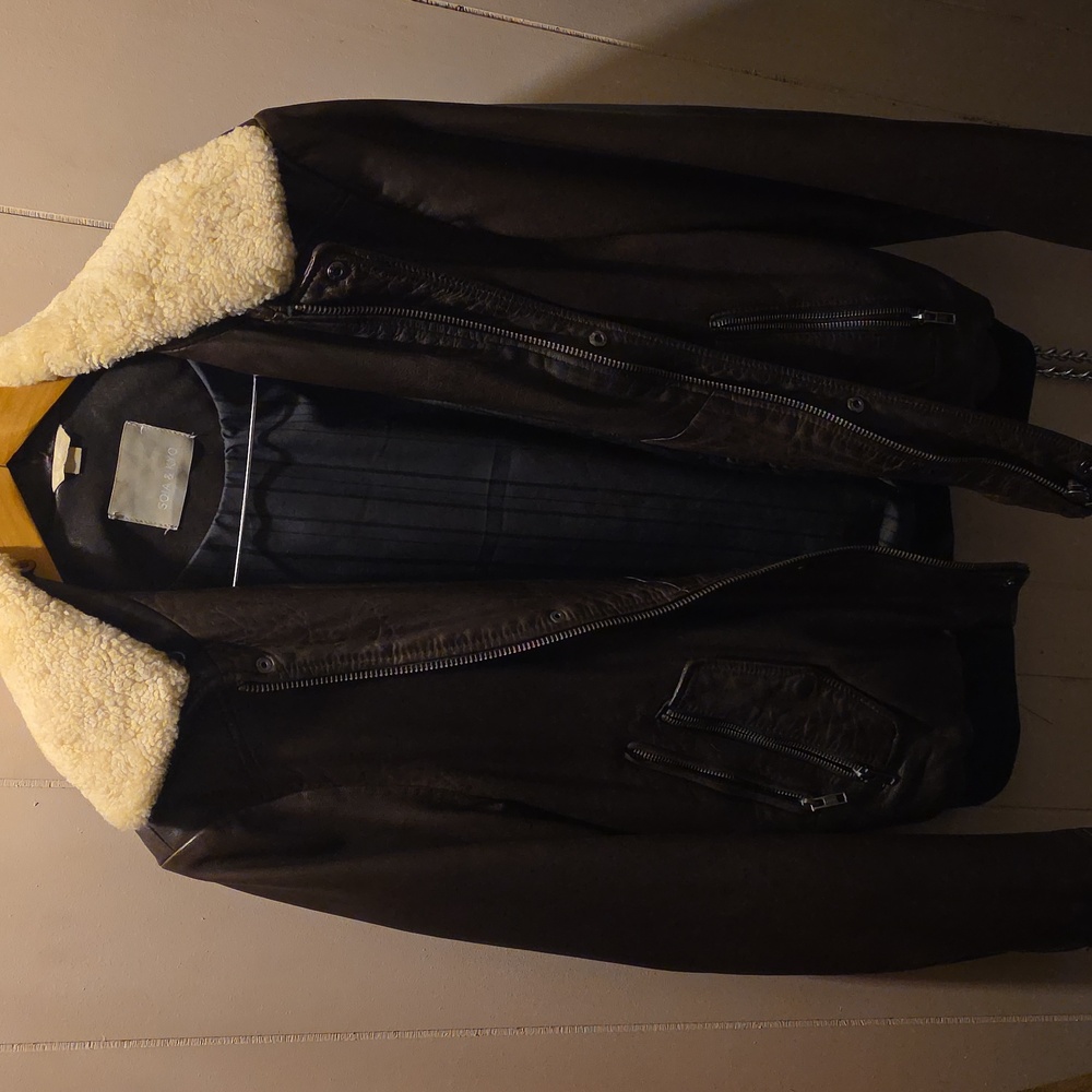 Soia & Kyo Brown Leather Jacket with Cream Shearling Collar